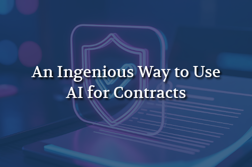 Text reads "An Ingenious Way to Use AI for Contracts" over a blurred background with a neon shield icon. The tone is innovative and secure.
