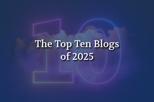 Bold white text reading "The Top Ten Blogs of 2025" overlaid on a dreamy background with large, glowing numbers and soft clouds, conveying a futuristic and hopeful tone.