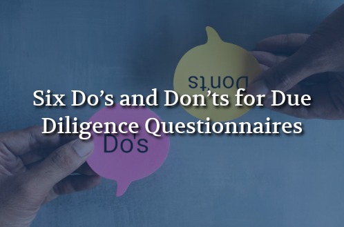 Two hands hold paper speech bubbles labeled "Do's" and "Don'ts" against a blue background. Overlaid text reads, "Six Do's and Don'ts for Due Diligence Questionnaires."
