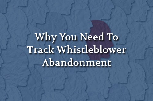 "Text 'Why You Need to Track Whistleblower Abandonment' overlays a background of overlapping paper-cutout silhouettes of human profiles in blue and purple tones, conveying a theme of individuality and anonymity."