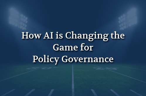 "Dark stadium background with bright lights illuminating a football field. White text reads 'How AI is Changing the Game for Policy Governance.'"
