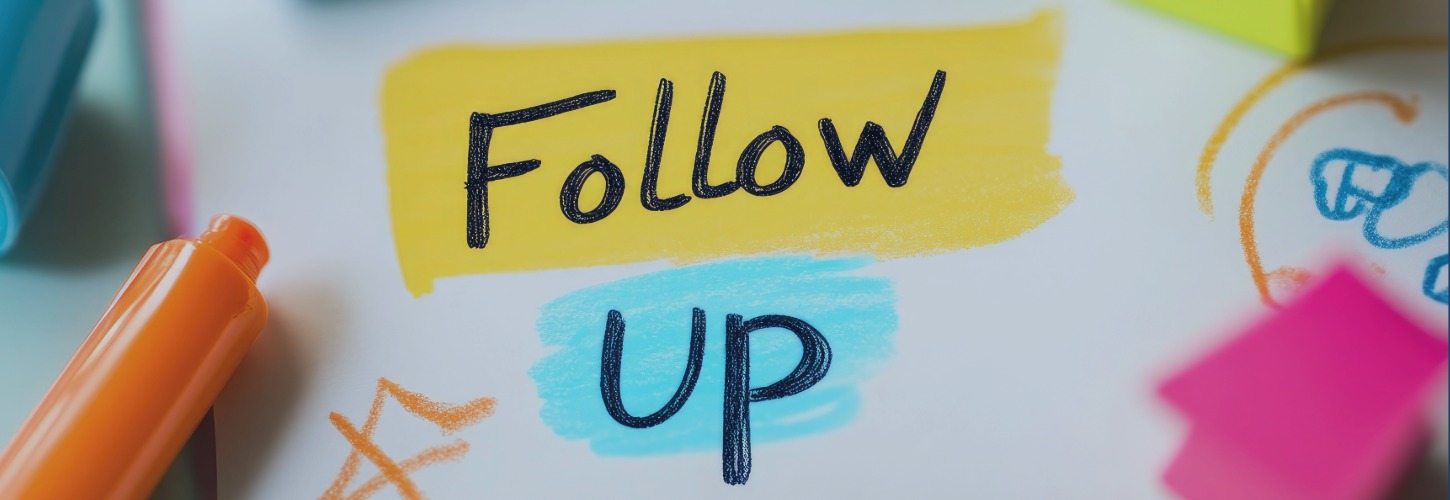 The image features the words "Follow Up" in bold, black text over yellow and blue highlights. An orange highlighter is in the foreground, creating a vibrant, motivational tone.