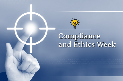 A hand pointing to a glowing target symbolizes focus. Beside it, a lightbulb icon above the text "Compliance and Ethics Week" conveys innovation and awareness.