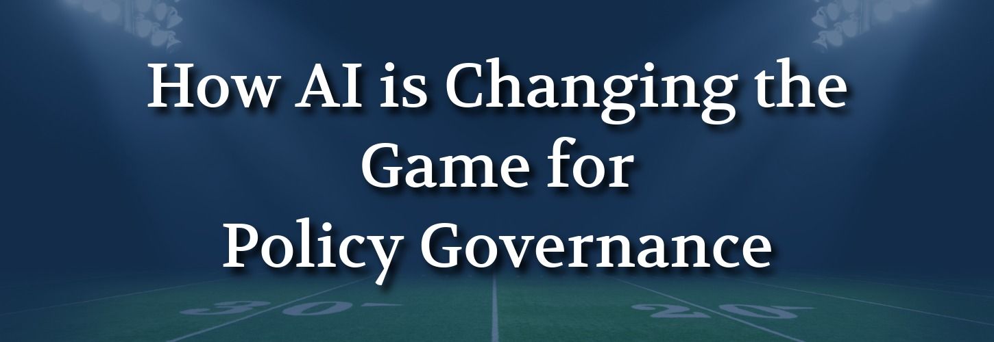 Alt text: "Dark stadium background with bright lights illuminating a football field. White text reads 'How AI is Changing the Game for Policy Governance.'"