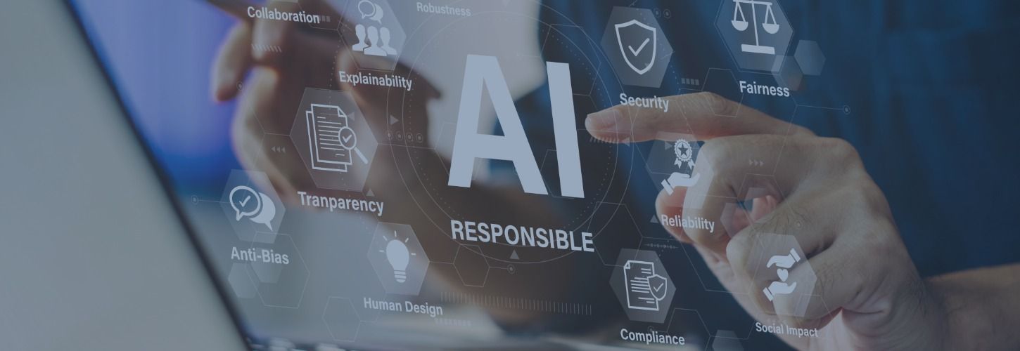 Fingers interact with a digital interface displaying "AI RESPONSIBLE" surrounded by icons for transparency, security, and fairness, conveying innovation.