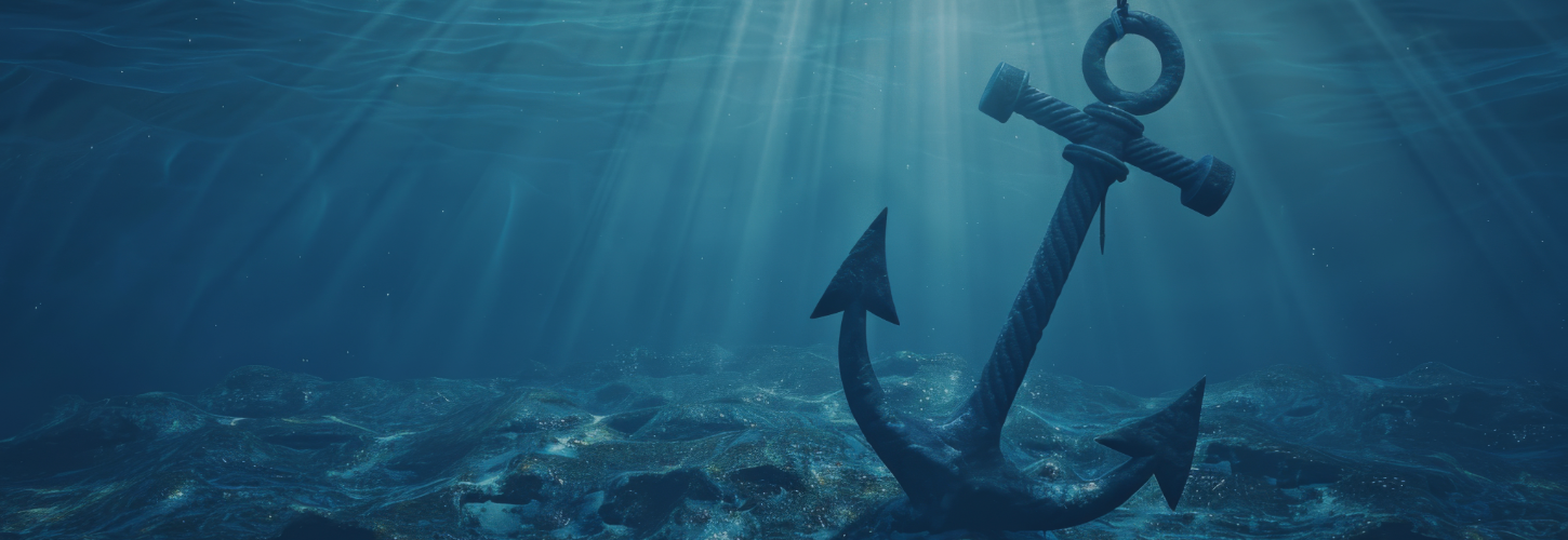 A large anchor rests on the ocean floor, bathed in soft, blue light filtering through the water. The scene feels serene and mysterious.