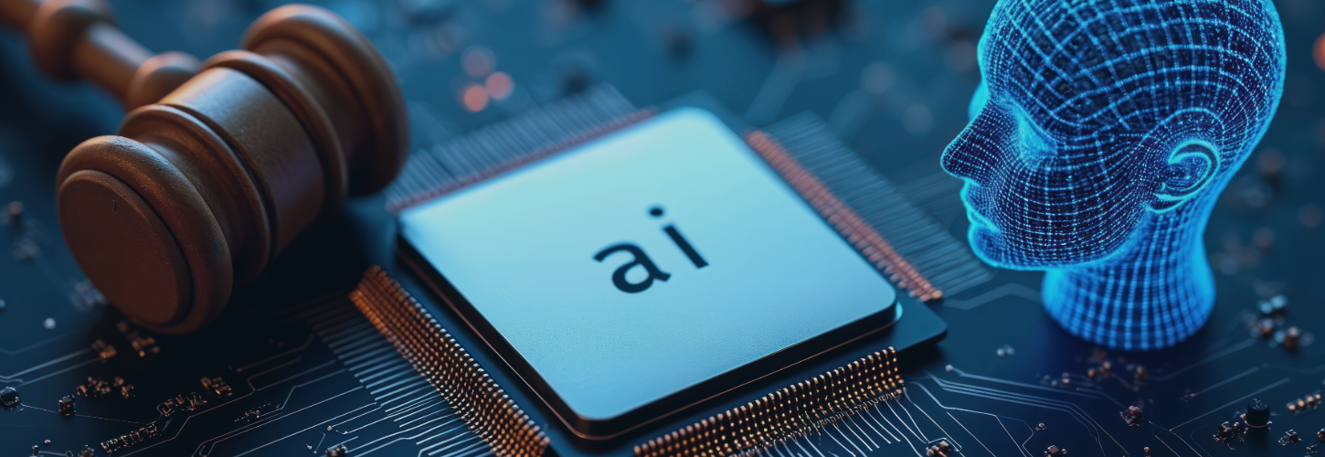 A judge's gavel rests beside a computer chip labeled "AI," with a digital human head outline nearby, symbolizing AI and legal themes in technology.