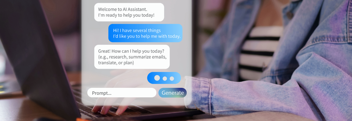 A person in a denim jacket types on a laptop with an AI chat interface. The chat welcomes and offers help, displaying a user prompt option.