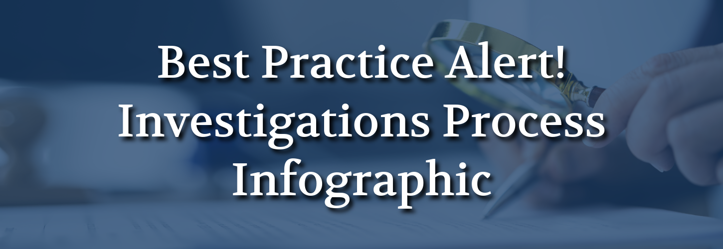Banner image with the text “Best Practice Alert! Investigations Process Infographic” over a blue overlay background showing a hand holding a magnifying glass and pen above documents, symbolizing investigations and case review processes.