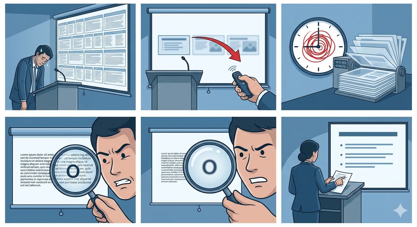 Six-panel illustration showing common presentation mistakes, including overcrowded slides, technical issues, poor timing, hard-to-read text, unclear visuals, and a presenter reviewing notes at a podium.
