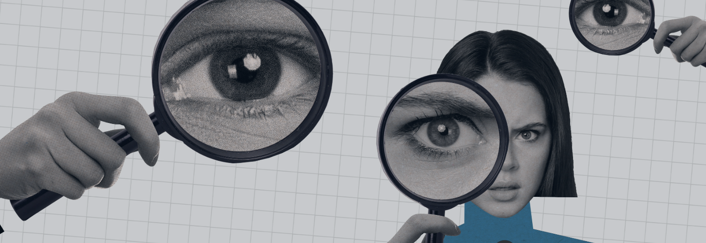 Illustration of magnifying glasses highlighting facial features, symbolizing AI-assisted investigations, evidence analysis, pattern recognition, and digital forensic review.