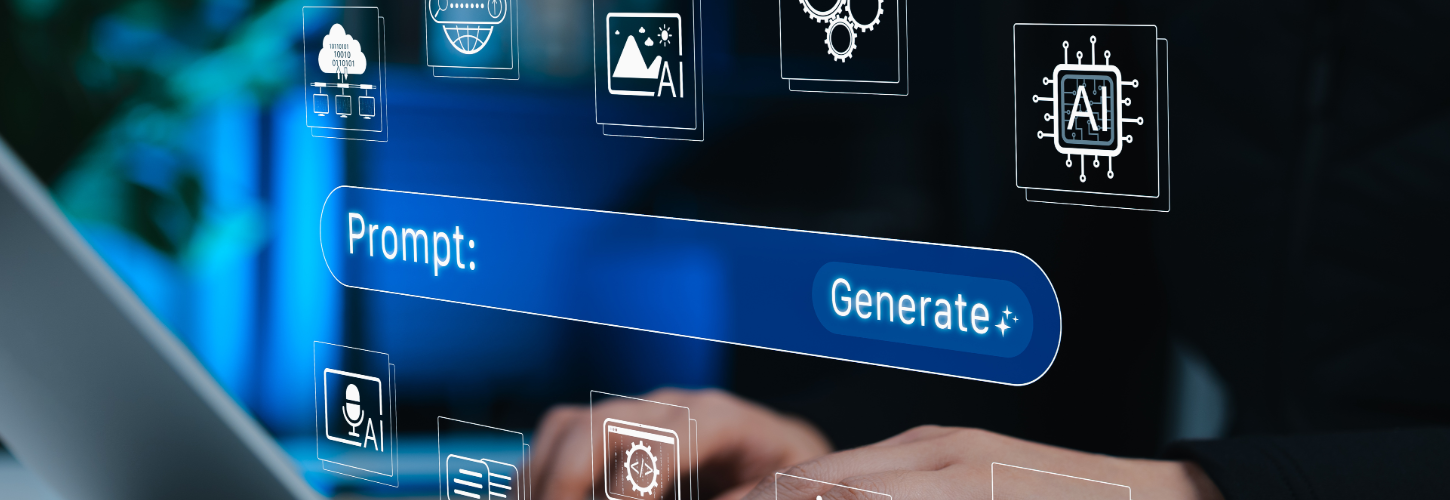 Illustration of an AI prompt interface with a "Generate" button and artificial intelligence icons representing AI-powered tools for investigation reporting and analysis.