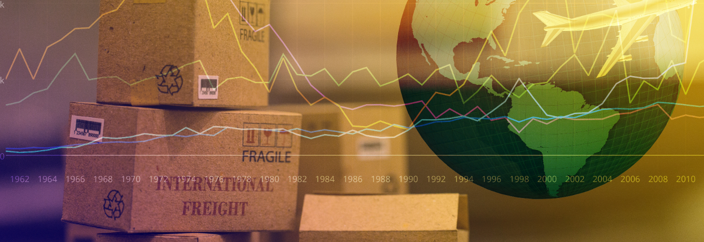 Shipping boxes, globe, airplane, and trend lines illustrating international trade, logistics, and global supply chain performance.