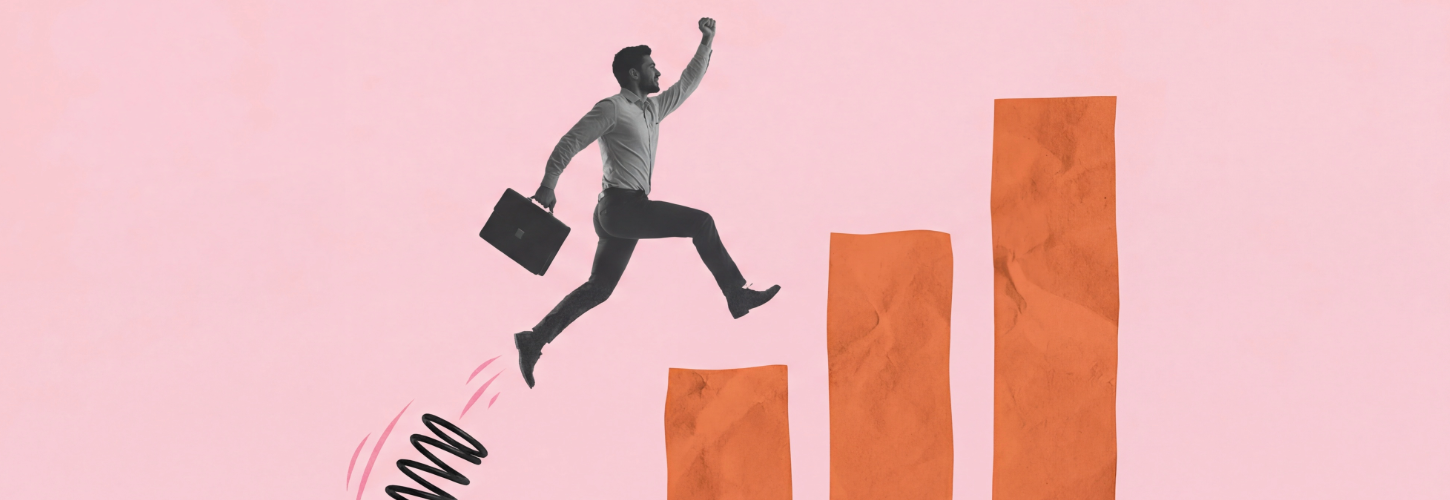 Illustration of a business professional springing upward across rising bar charts, symbolizing continuous improvement, learning through practice, professional growth, and long-term success.