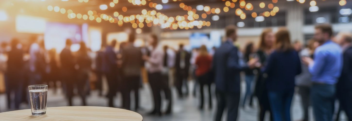A glass of water sits on a table at a lively event. In the blurred background, people socialize under warm, glowing string lights, creating a vibrant atmosphere.