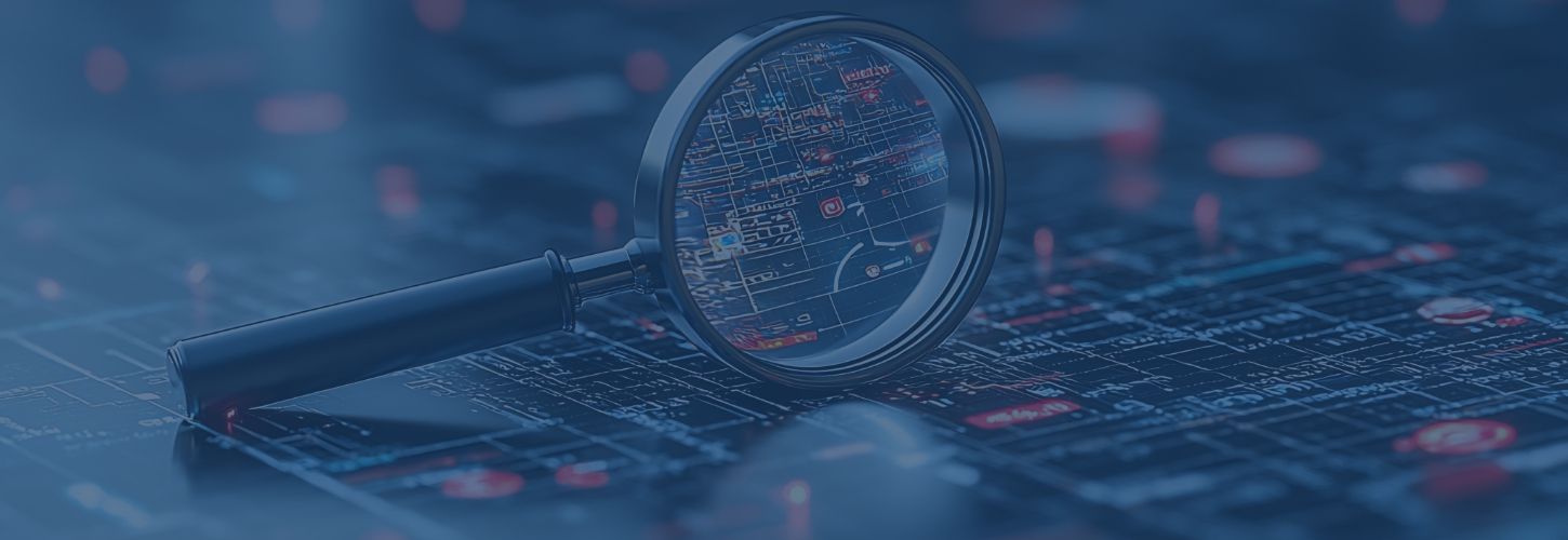 A magnifying glass hovers over a digital circuit board, emphasizing detailed networks and patterns. The tone is analytical and tech-focused.
