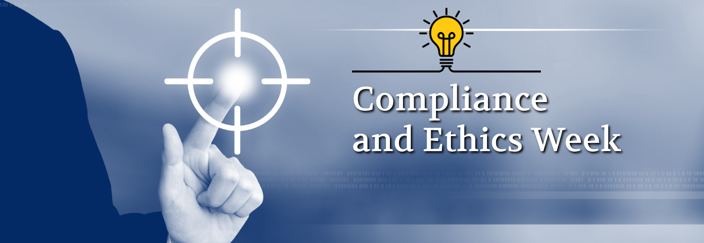 A hand pointing to a glowing target symbolizes focus. Beside it, a lightbulb icon above the text "Compliance and Ethics Week" conveys innovation and awareness.