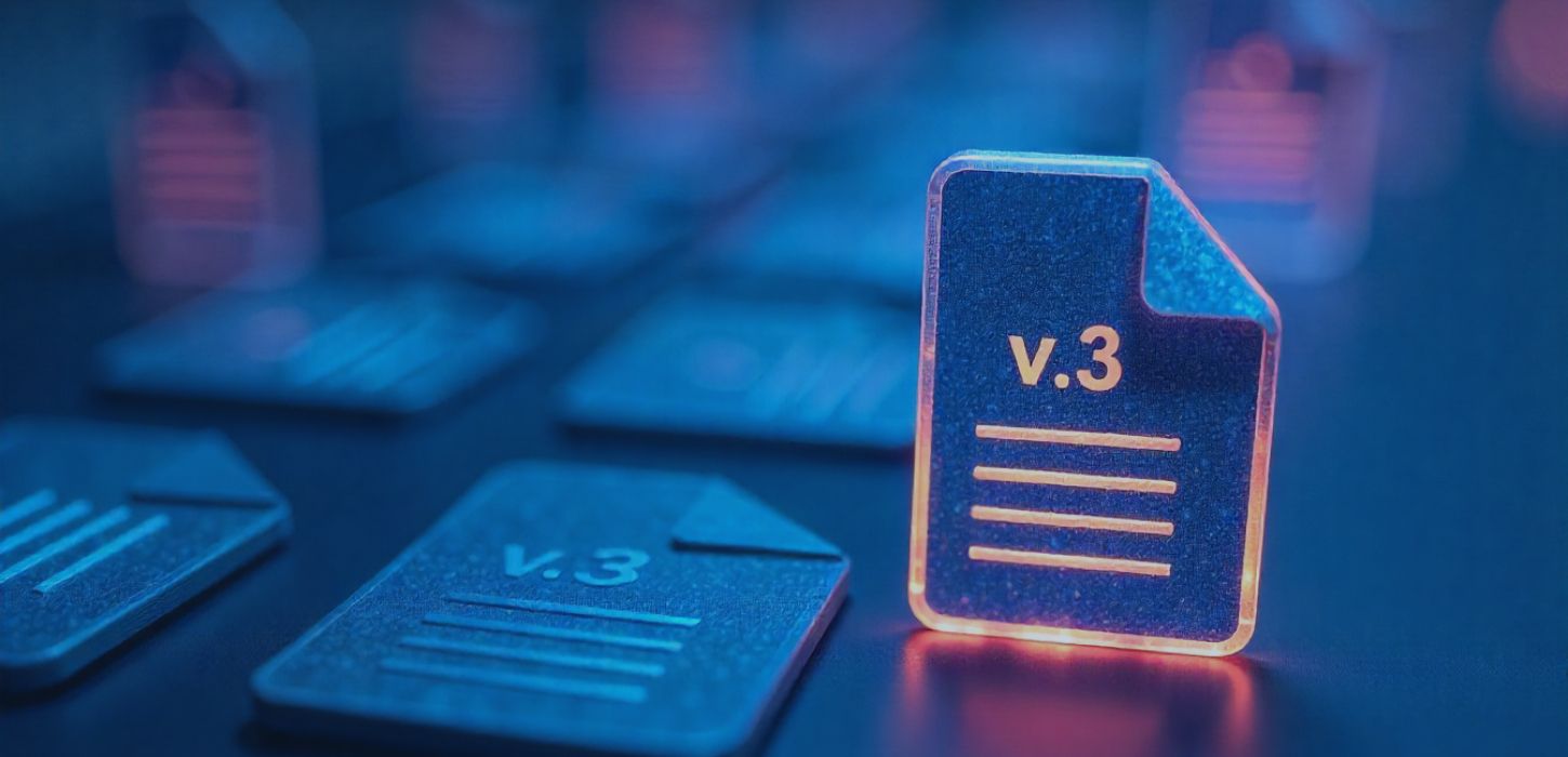 Glowing blue document icons labeled "v.3" on a dark surface, with one icon illuminated in the foreground. The image conveys a futuristic and tech-focused theme.