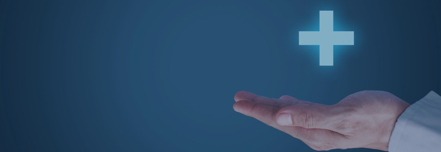 A hand in an open, upward-facing gesture on a blue background holds a glowing plus sign above, symbolizing health or positive outcomes.