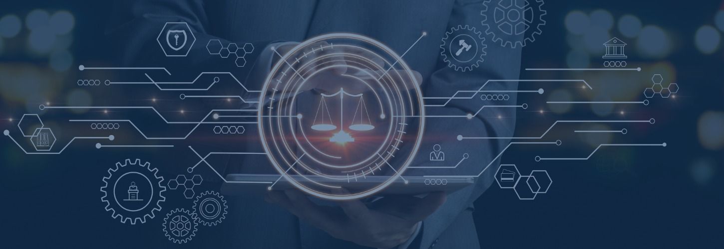 Man holding tablet with digital justice scales icon, surrounded by tech and legal symbols, conveying modern legal technology integration.