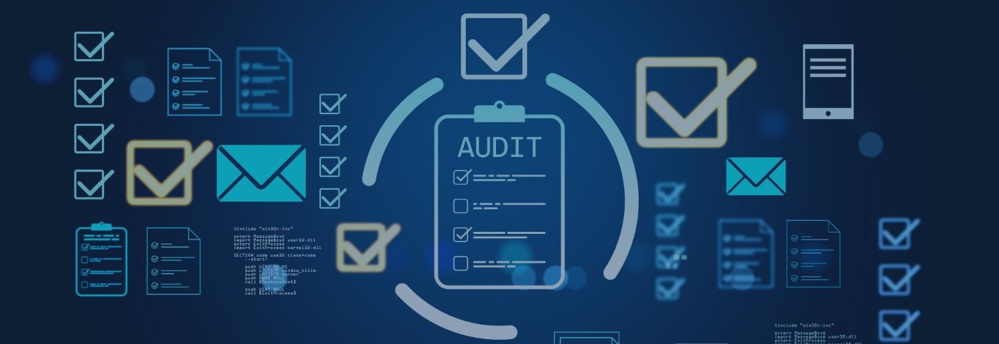Digital audit concept with icons on a dark blue background. Includes checklists, envelopes, and documents, conveying efficiency and organization.
