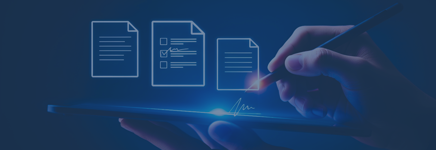 A hand writing with a stylus on a digital tablet, illustrating virtual documents, one checked, on a blue background. Digital, modern, and futuristic tone.